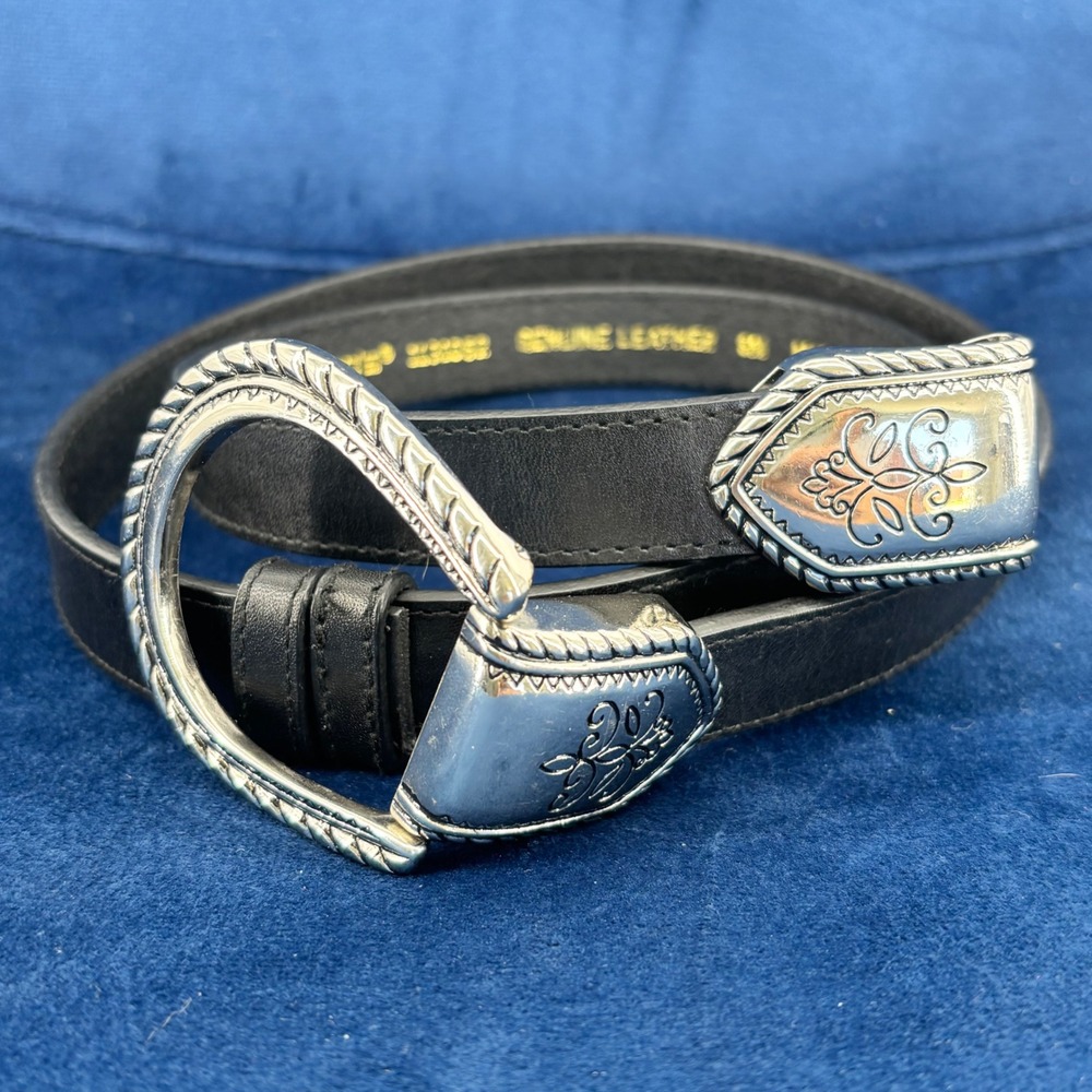 Chicos Black Leather Western Belt Silver Ornate Buckle Adjustable 24-42" 1131052